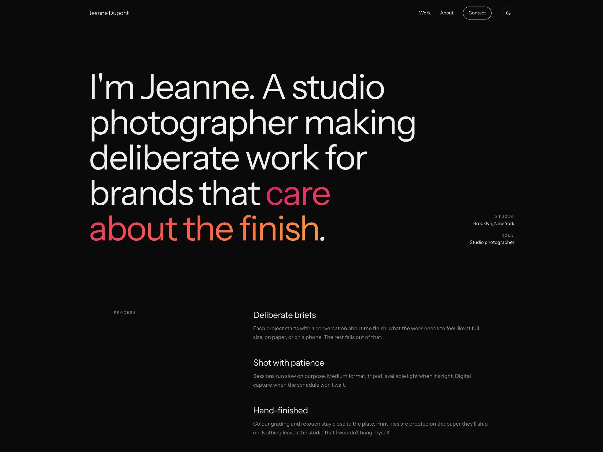Atelier theme homepage on dark background with white sans-serif headline reading I'm Jeanne, A studio photographer making deliberate work for brands that care about the finish.