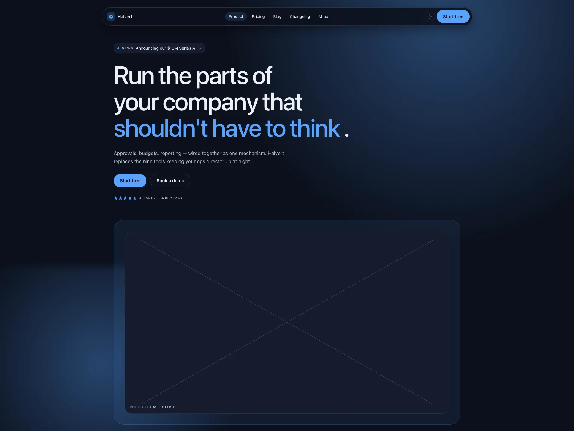 Rouage theme homepage on near-black background with ivory headline reading Run the parts of your company that shouldn't have to think.